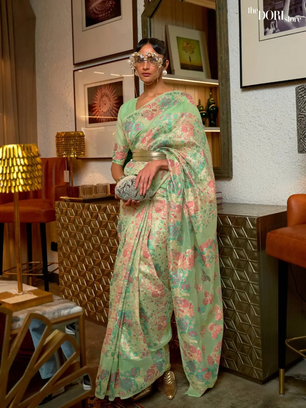Light Green Kashmiri Floral Woven Silk Saree - party wear saree