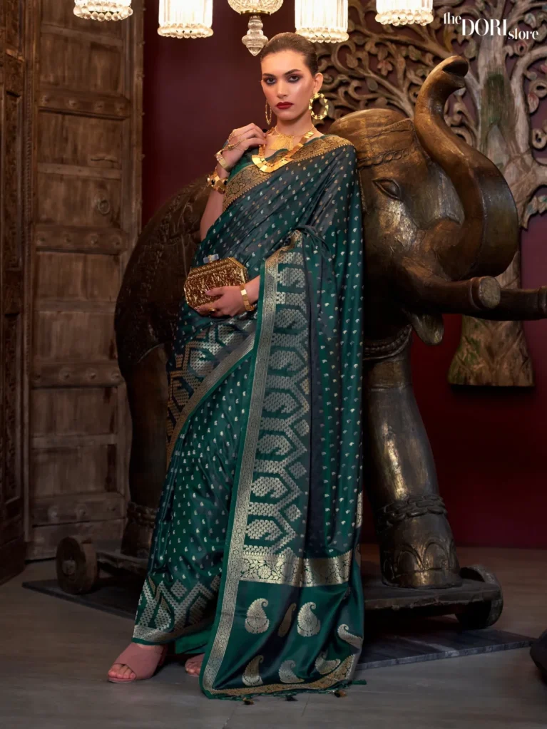 Dark Green Purple Designer Pure Satin Silk Saree   - party wear saree