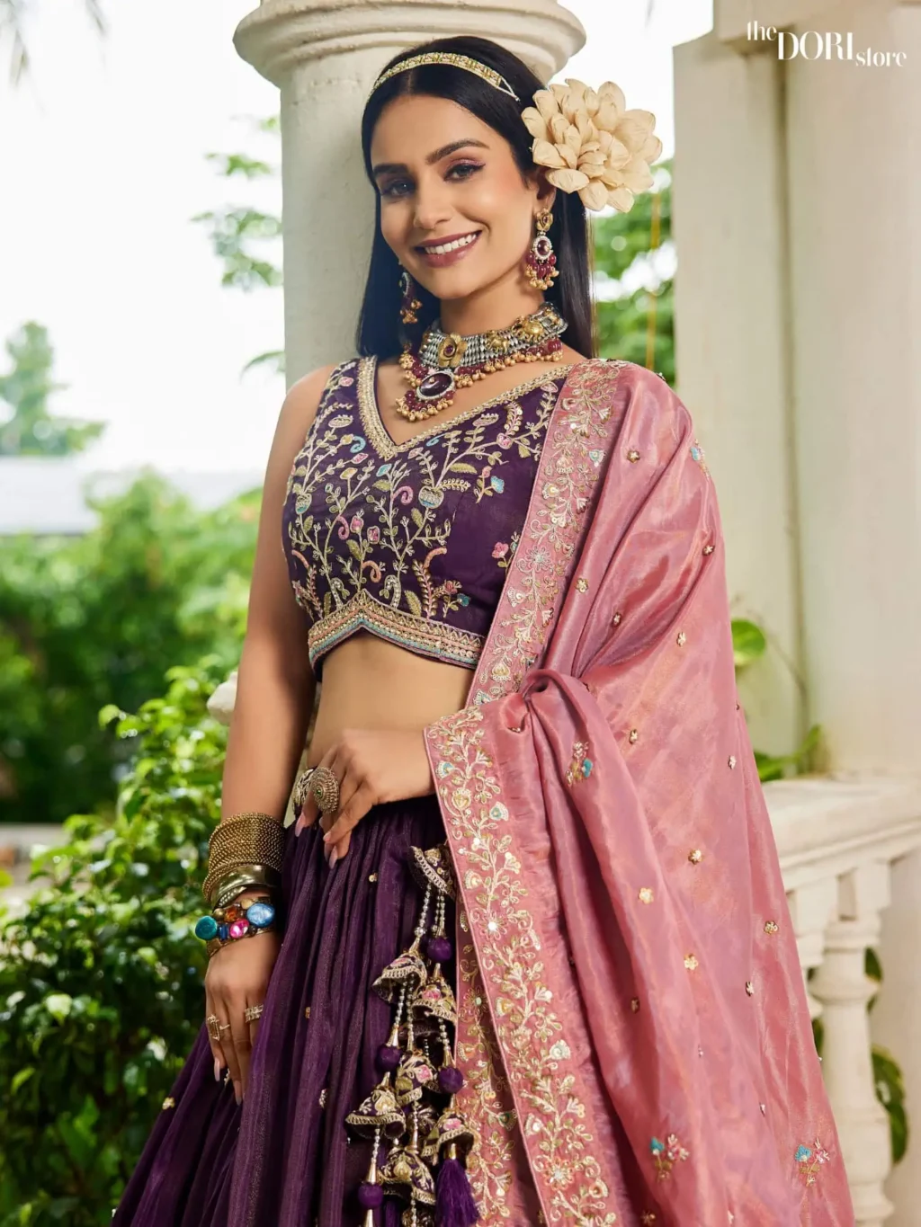 Burgundy Satin Sequinse embroidery Semi-Stitched Lehenga choli - Image 5