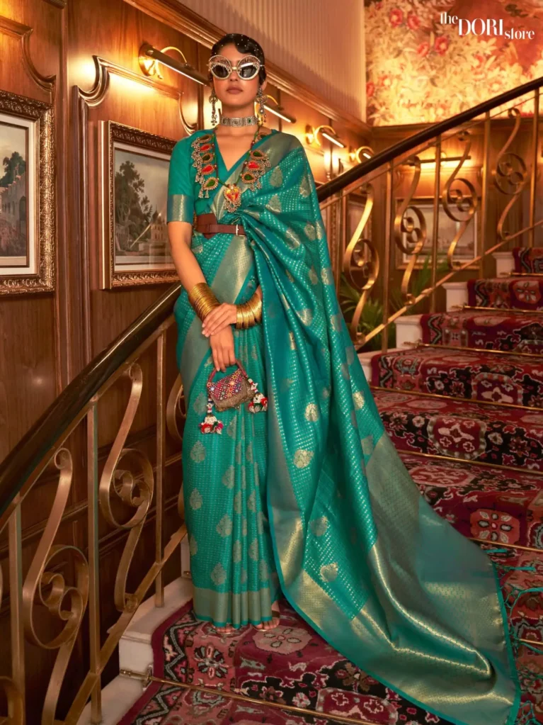 Teal Green Dual Tone Woven Kanjeevaram Silk Saree - party wear saree