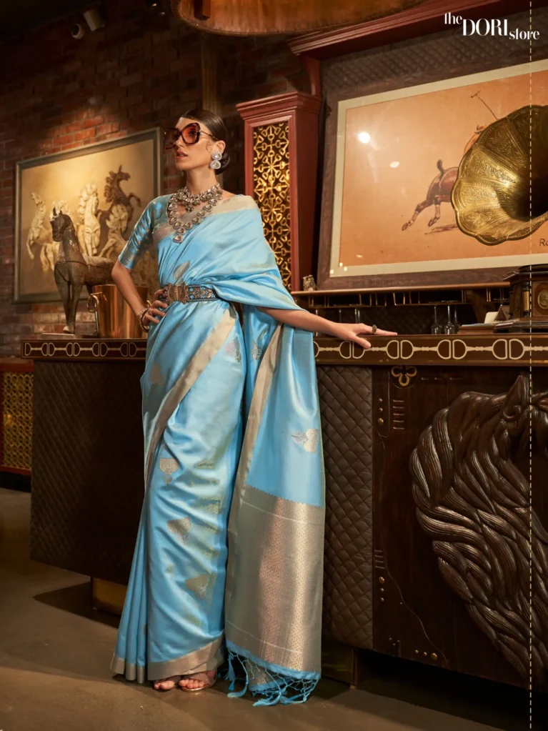 Light Blue Zari Handloom Banarasi Silk Woven Saree - party wear saree