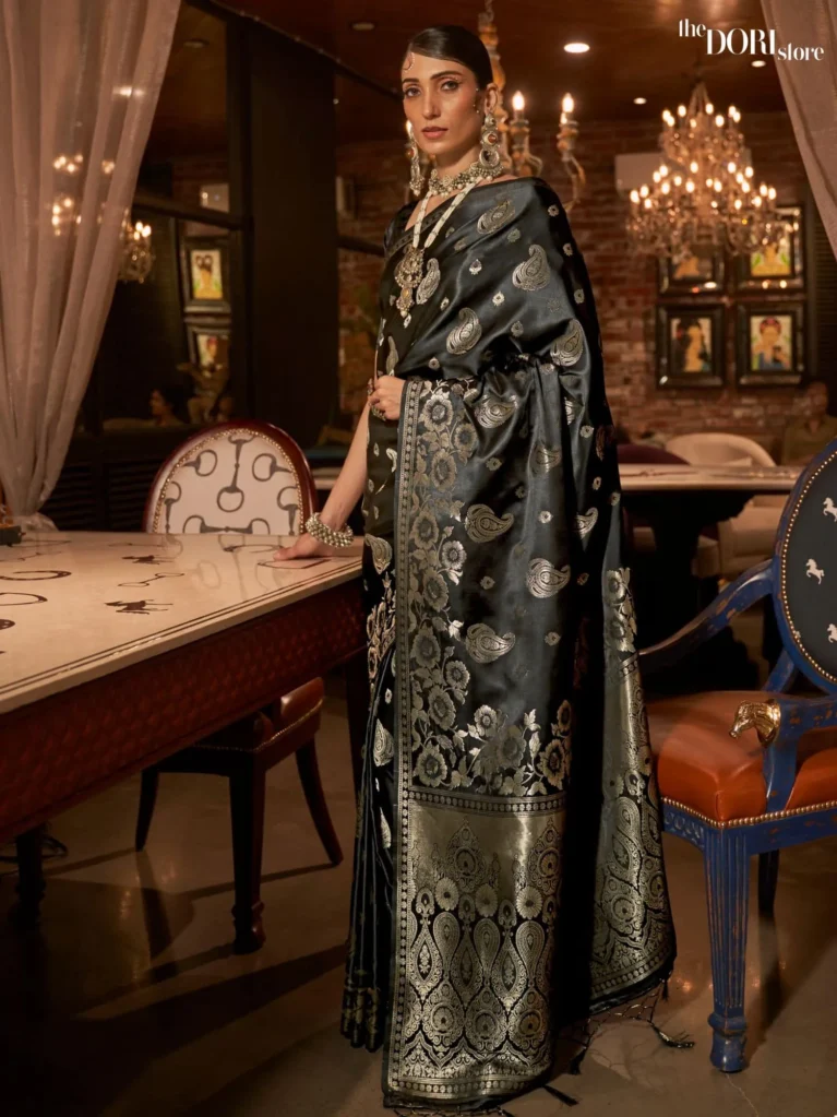 Royal Black Designer Banarasi Satin Silk Saree - party wear saree