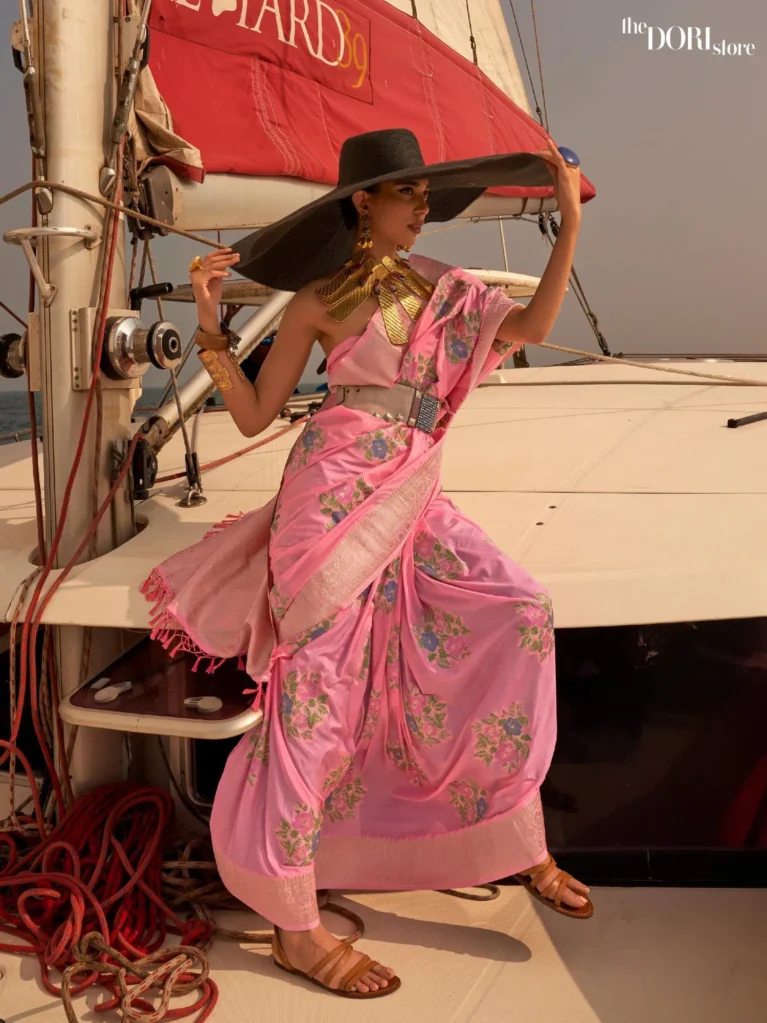 Ethnic Light Pink Floral Chinon Silk Saree - party wear saree