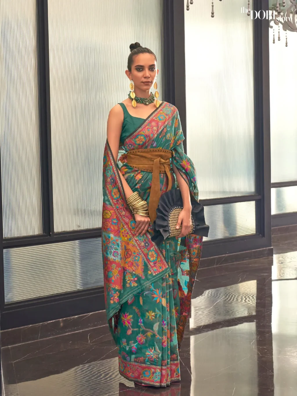 Ethnic Green Kashmiri Floral Modal Handloom Silk Woven Saree - party wear saree