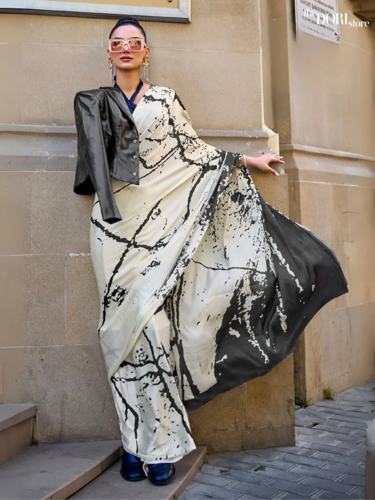 Off White and Black Satin Crepe Digital Printed Saree - party wear saree