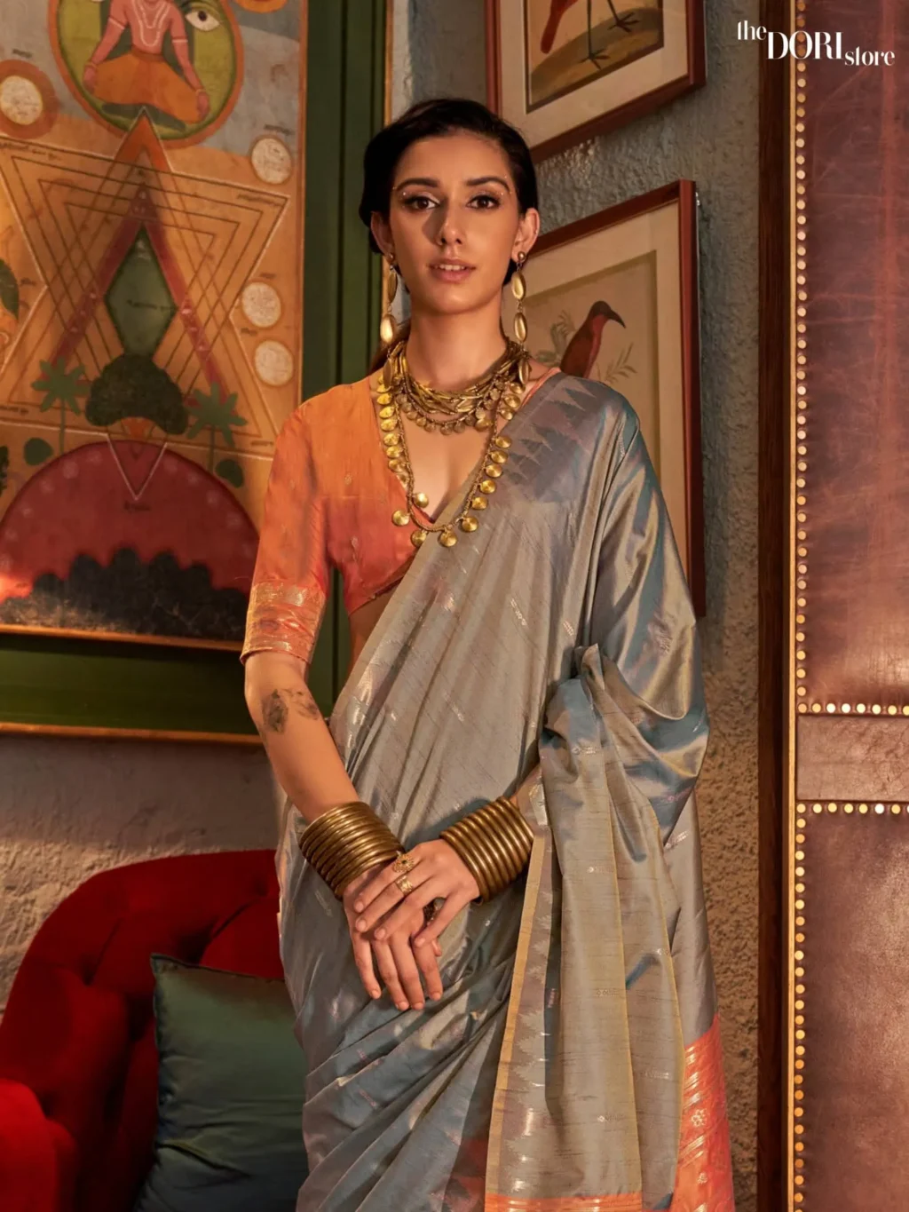 Fossil Grey Tussar Silk Saree with Contrast Ikkat Pallu and Blouse - Image 3