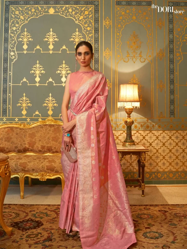 Designer Floral Pink Handloom Banarasi Silk Woven Saree - party wear saree
