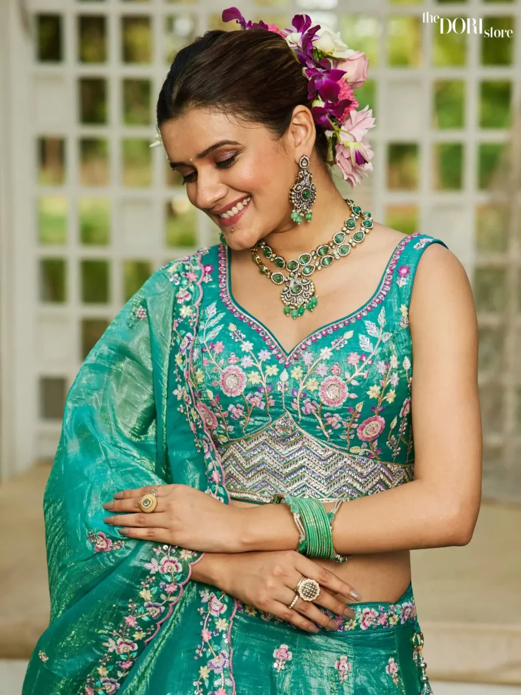 Sea green Tissue Sequinse embroidery Semi-Stitched Lehenga choli - Image 5