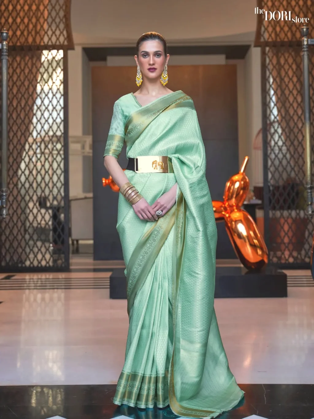 Pastel Green Kanjeevaram Handloom Woven Silk Saree - party wear saree