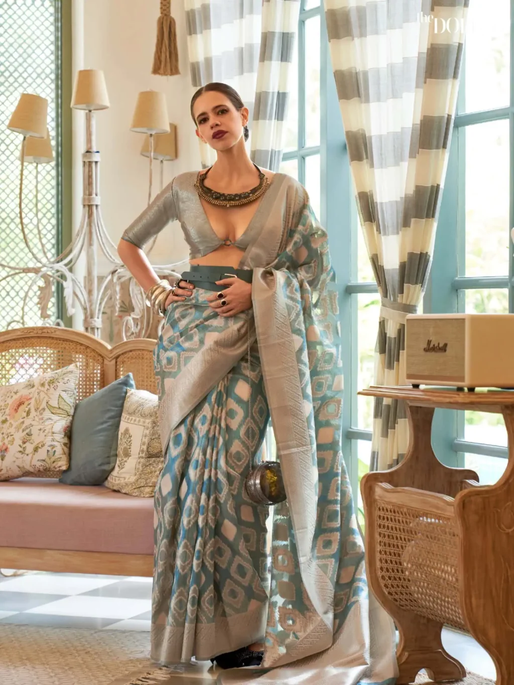 Partywear Greyish Teal Blue Tissue Woven Silk Saree - party wear saree