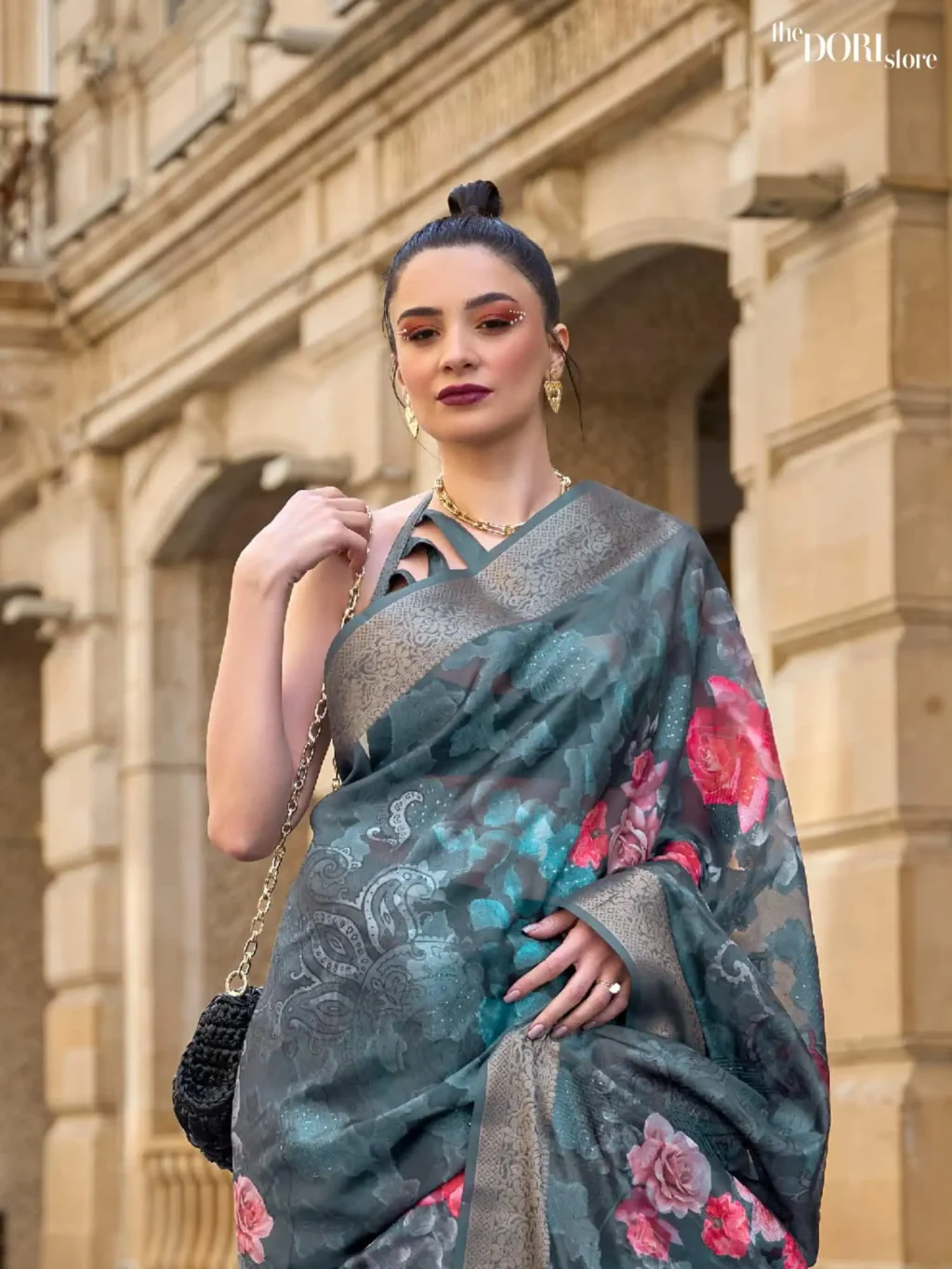 Teal Green Border Brasso Poly Printed Saree - Image 3