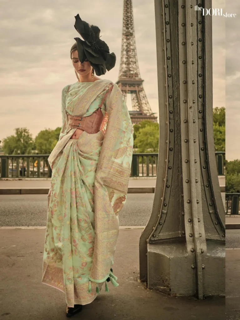 Ethnic Light Green Kashmiri Woven Organza Silk Saree - party wear saree