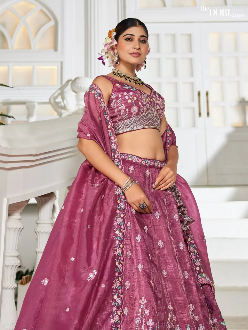 Burgundy Tissue Sequinse embroidery Semi-Stitched Lehenga choli - Image 5