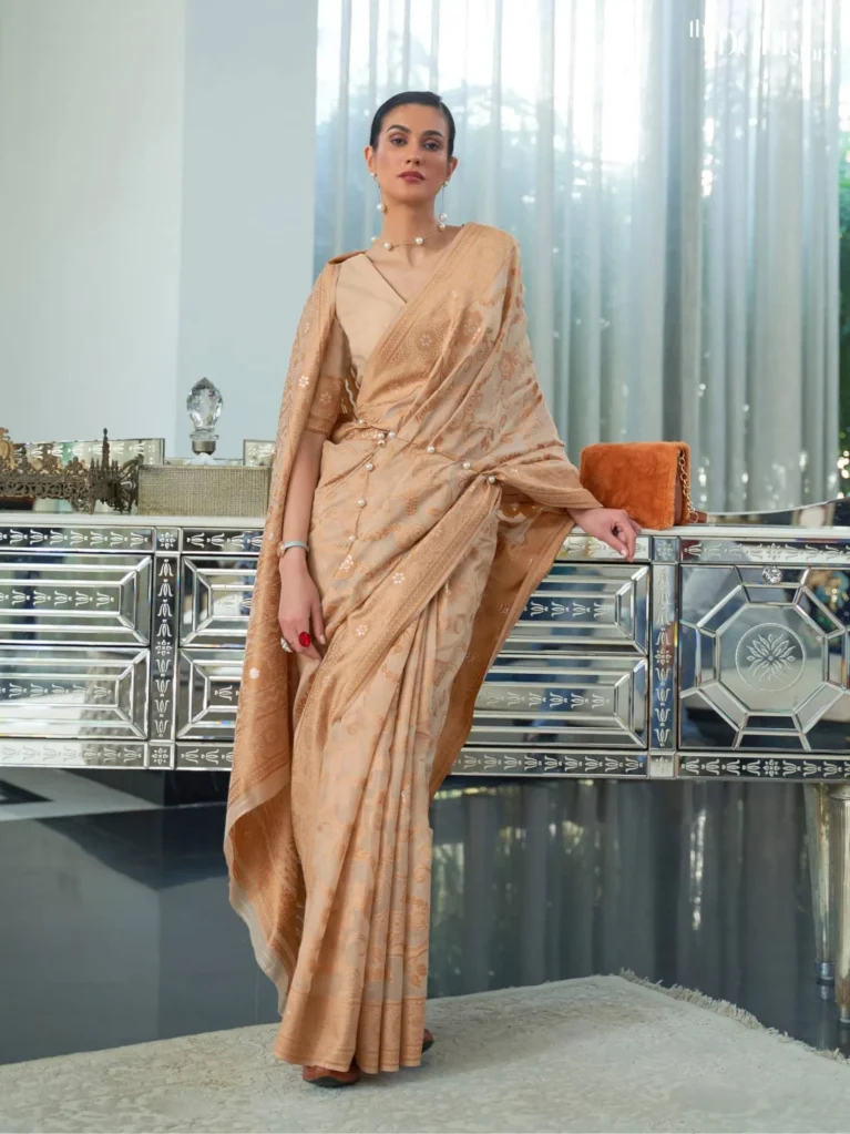 Designer Golden Chickankari Lucknowi Woven Saree - party wear saree