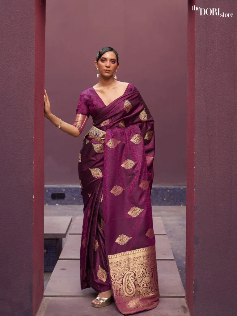 Burgundy Designer Satin Silk Banarasi Saree - party wear saree