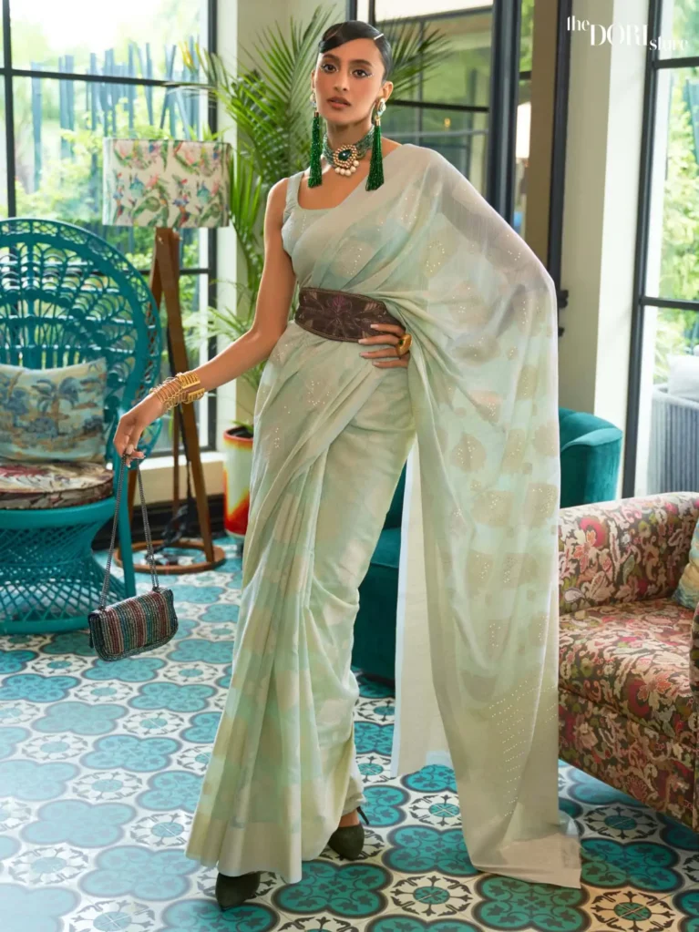 Light Green Chickankari Lucknowi Banarasi Silk Saree - party wear saree