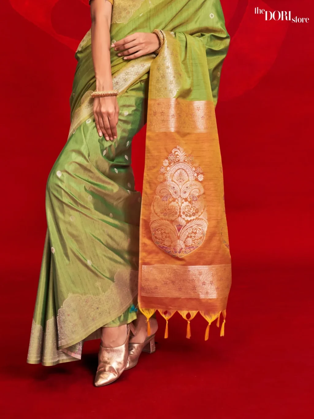 Pista Green Tussar Banarasi Silk Saree - Image 3