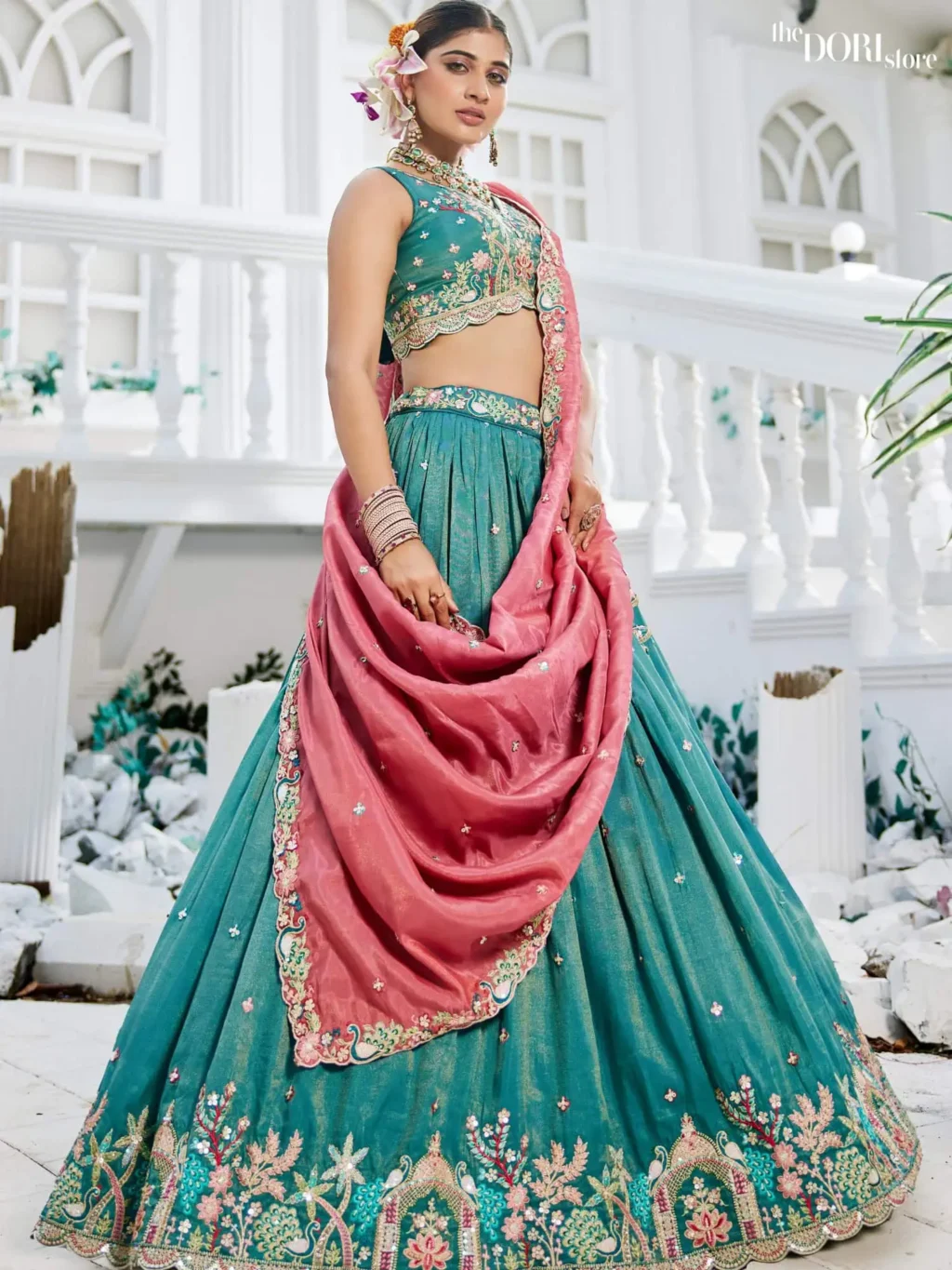 Teal Blue Satin Sequinse embroidery Semi-Stitched Lehenga choli - Image 3