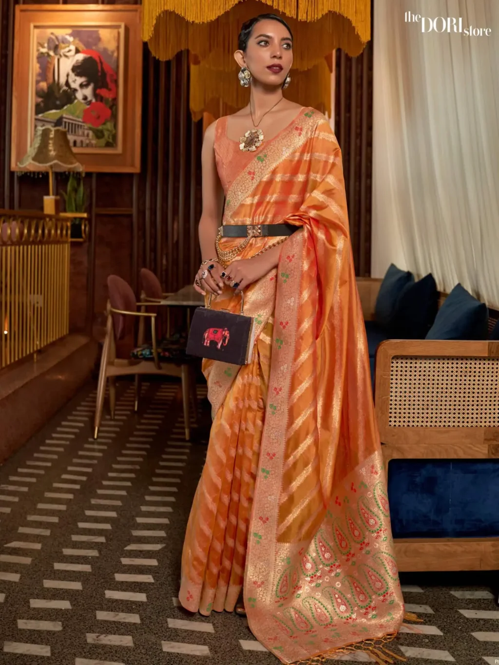 Glow Orange Woven Organza Silk Saree - party wear saree