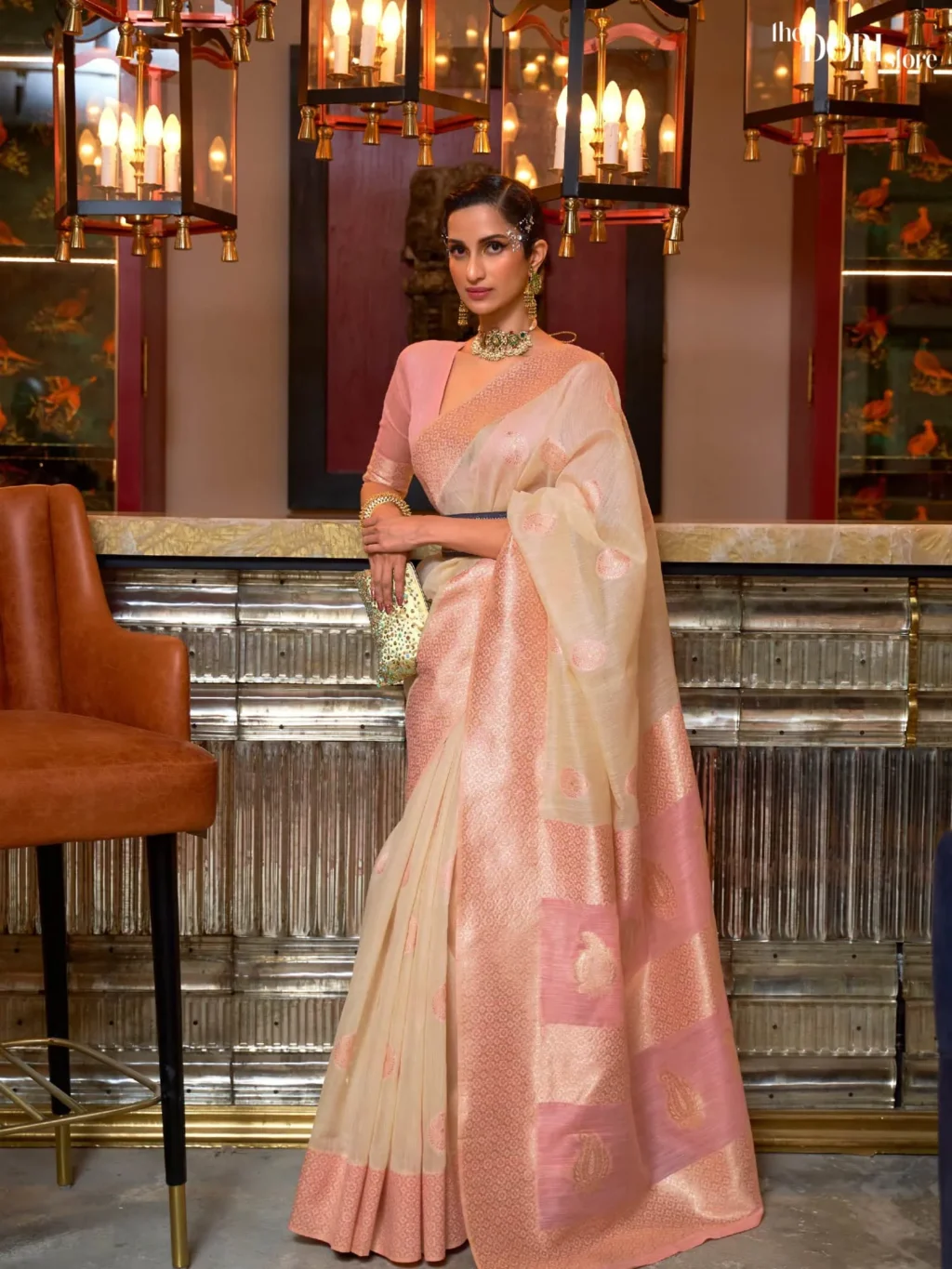 Pinkish Cream Pure Linen Woven Designer Saree - party wear saree