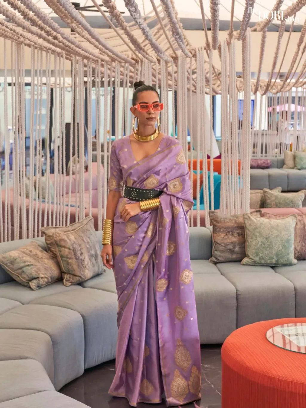 Lavender Purple Pure Satin Copper Zari Weaving Saree - Image 2