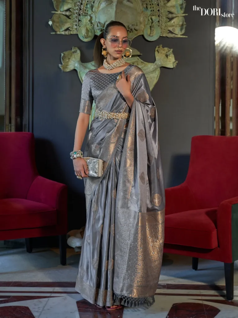 Steel Grey Banarasi Satin Woven Silk Saree - party wear saree