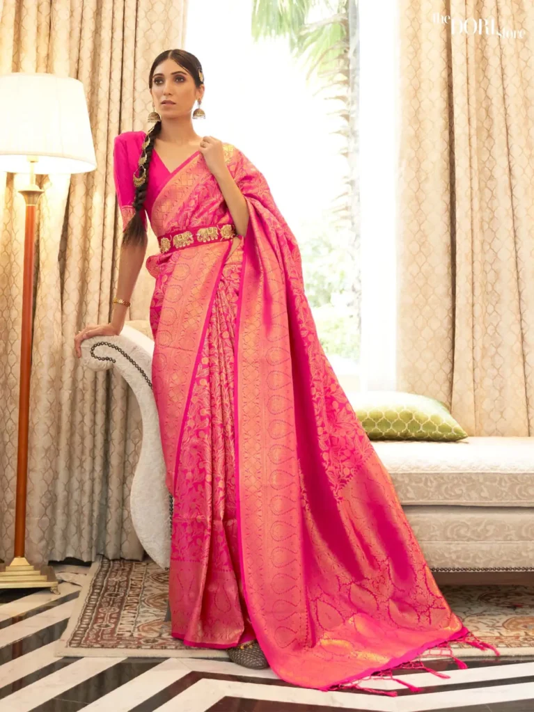 Golden Rose Pink Kanjeevaram Silk Saree - party wear saree