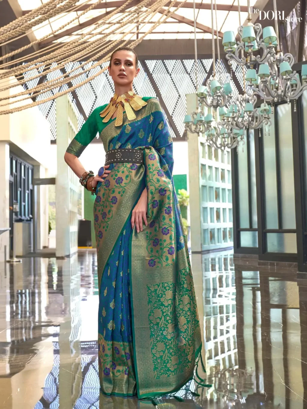 Greenish Blue Contrast Handloom Banarasi Silk Saree - party wear saree