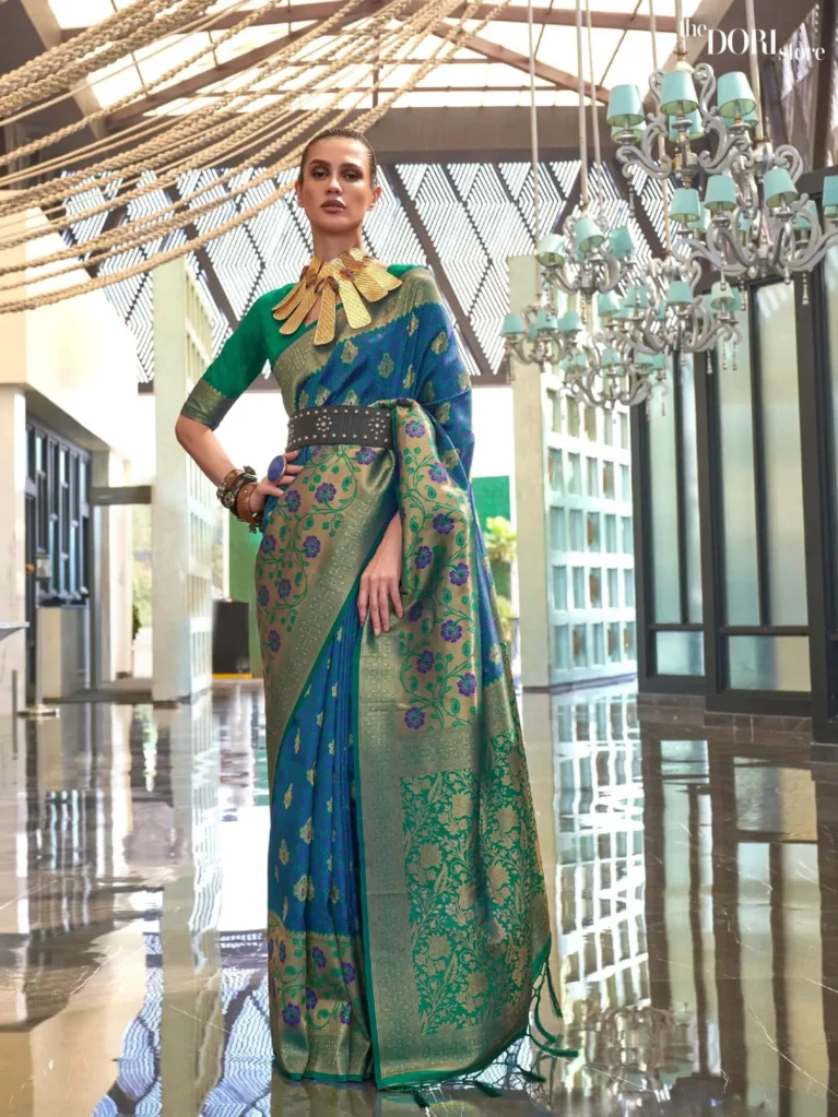 Greenish Blue Contrast Handloom Banarasi Silk Saree - party wear saree