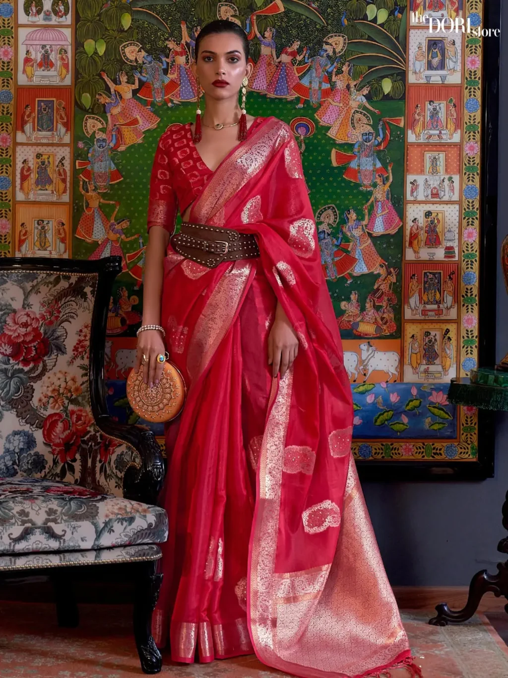 Ethnic Red Partywear Organza Silk Saree - party wear saree