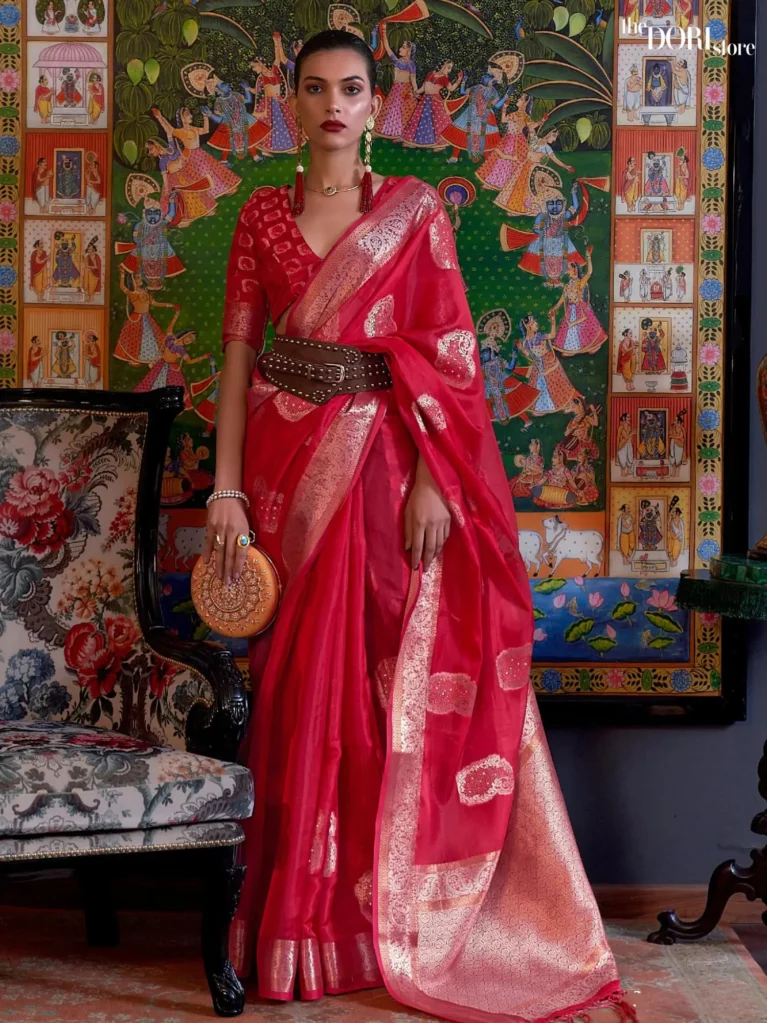 Ethnic Red Partywear Organza Silk Saree - party wear saree