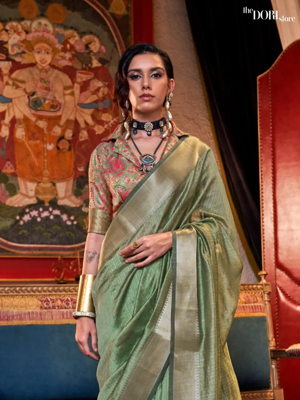 Dusky Green Moss Chiffon Silk Saree with Contrast Blouse - Image 3