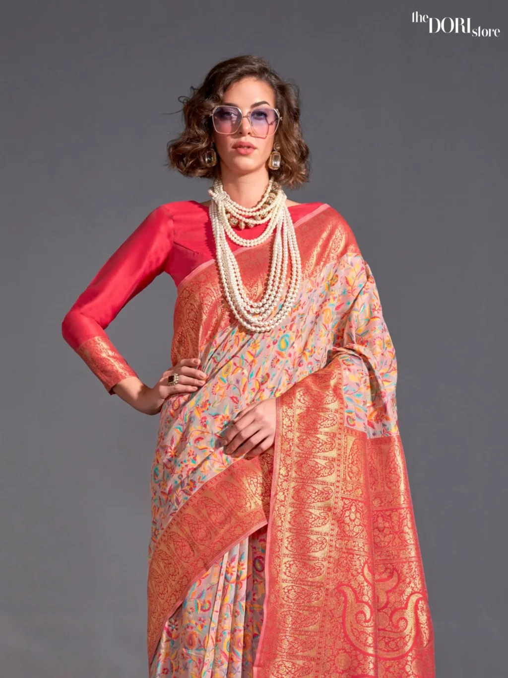 Peach Pink Modal Kashmiri Woven Silk Saree - Image 3