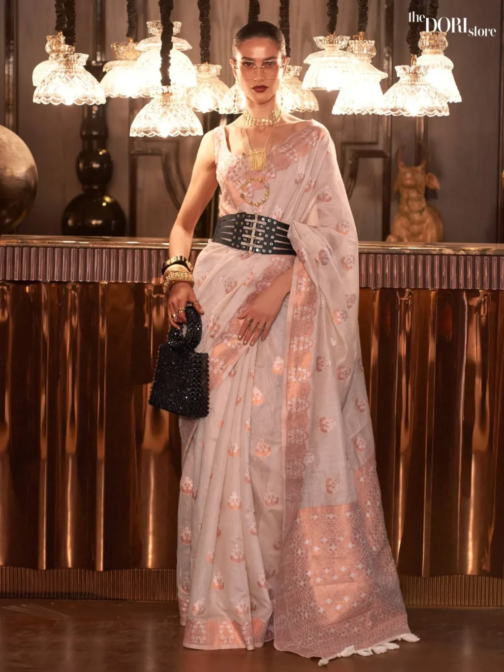 Designer Off White Pure Linen Copper Zari Woven Saree - party wear saree