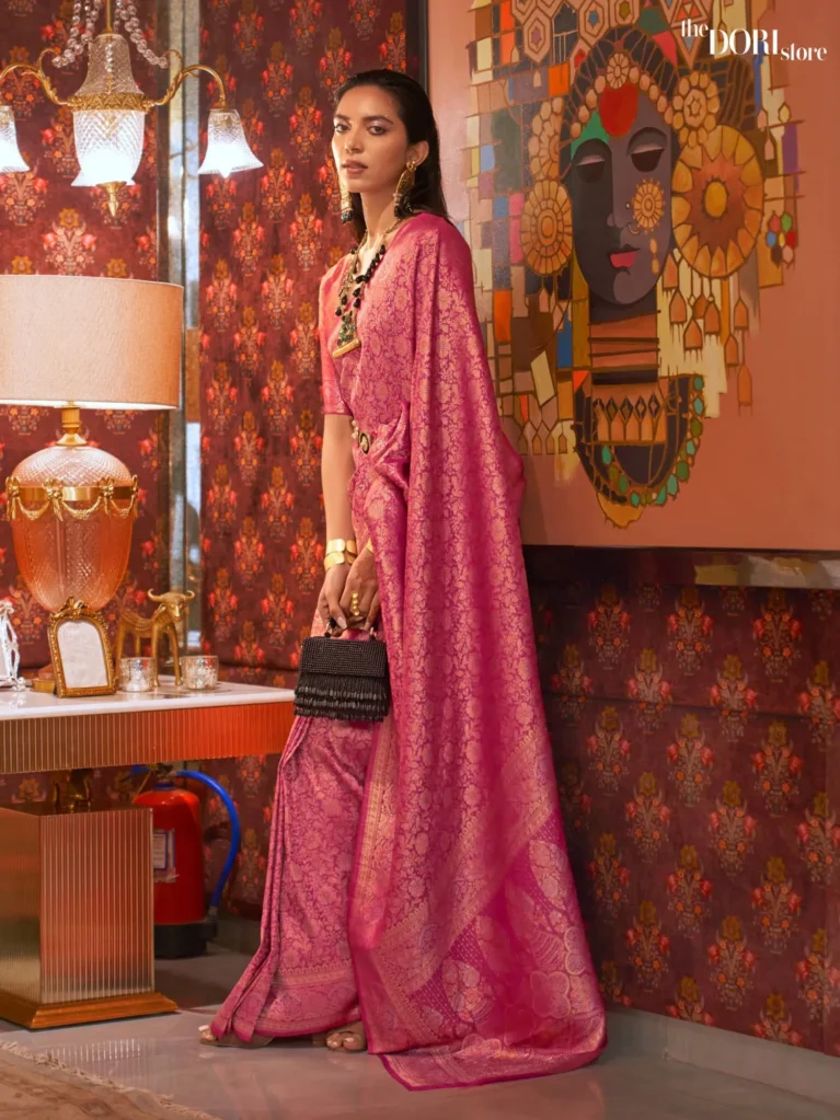 Bloom Pink Dual Tone Zari Handloom Woven Silk Saree - party wear saree