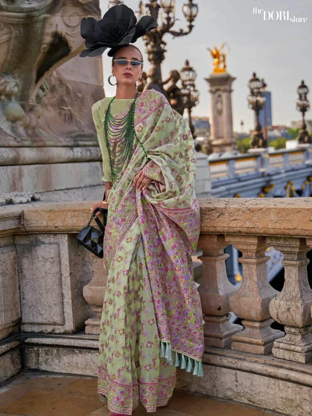 Ethnic Pista Green Handloom Parsi Organza Woven Silk Saree  - party wear saree