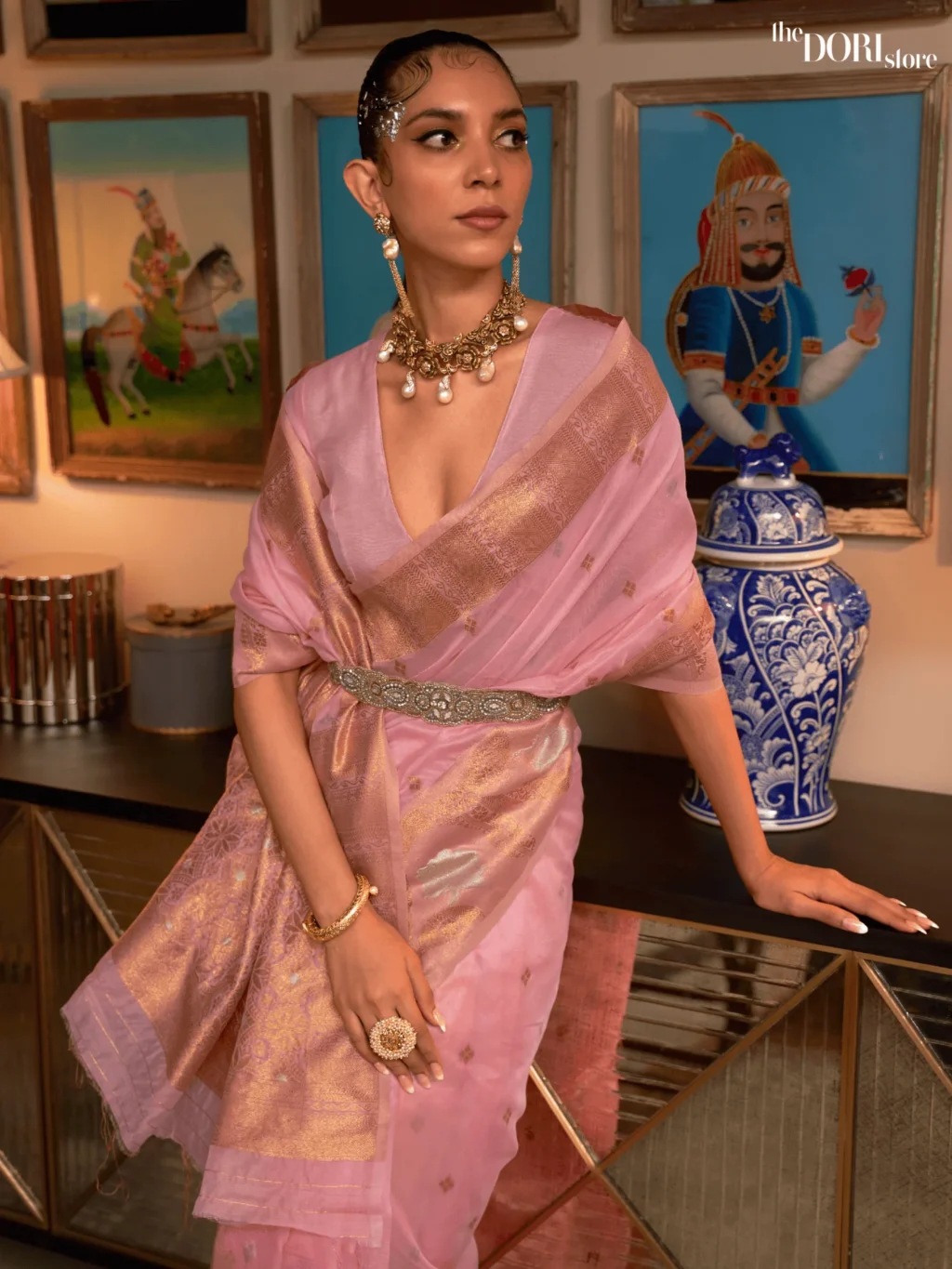 Pink Designer Copper Zari Woven Silk Saree - Image 2