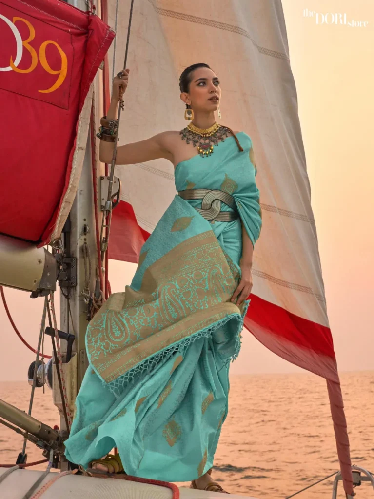 Royal Light Blue Handloom Designer Satin Silk Saree - party wear saree