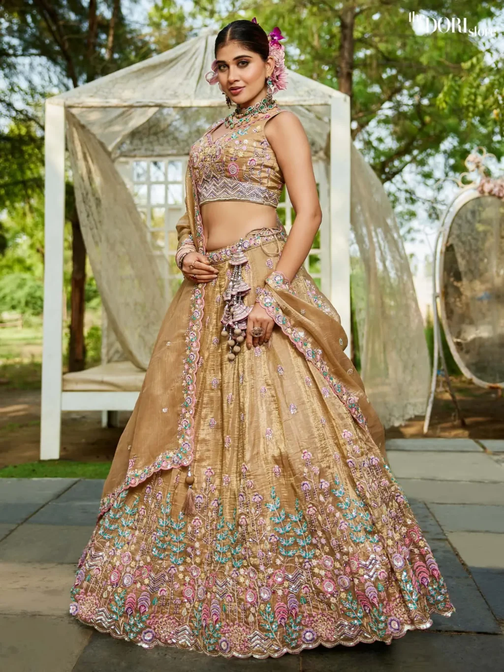 Mustard Yellow Tissue Sequinse embroidery Semi-Stitched Lehenga choli - Image 5