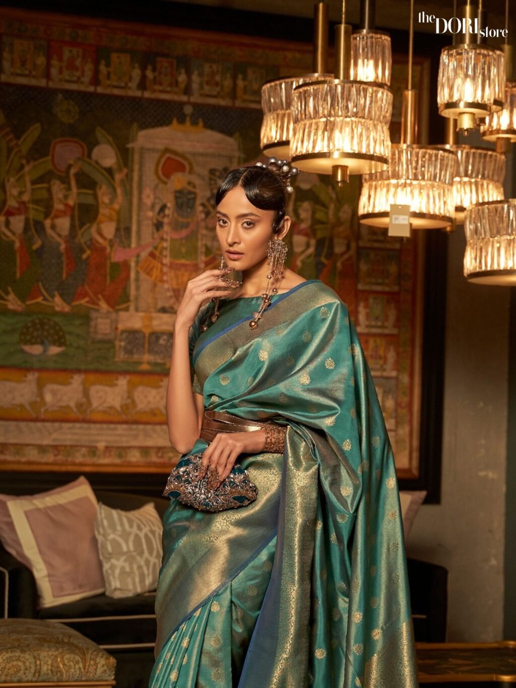 Ethnic Teal Green Designer Handloom Zari Woven Silk Saree - Image 3