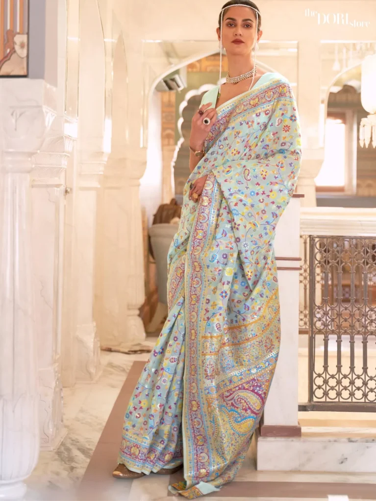 Light Blue Kashmiri Handloom Weaving Silk Saree - party wear saree