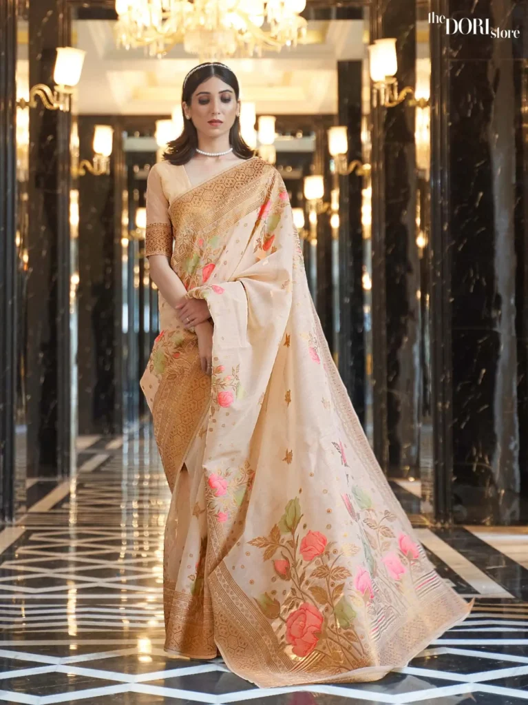 Stylish Floral Light Golden Woven Linen saree Saree - party wear saree