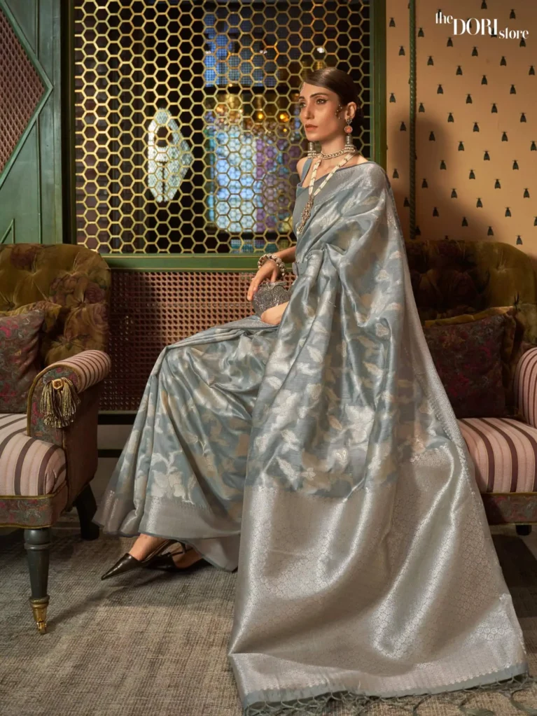 Ethnic Grey Zari Woven Banarasi Silk Saree - party wear saree