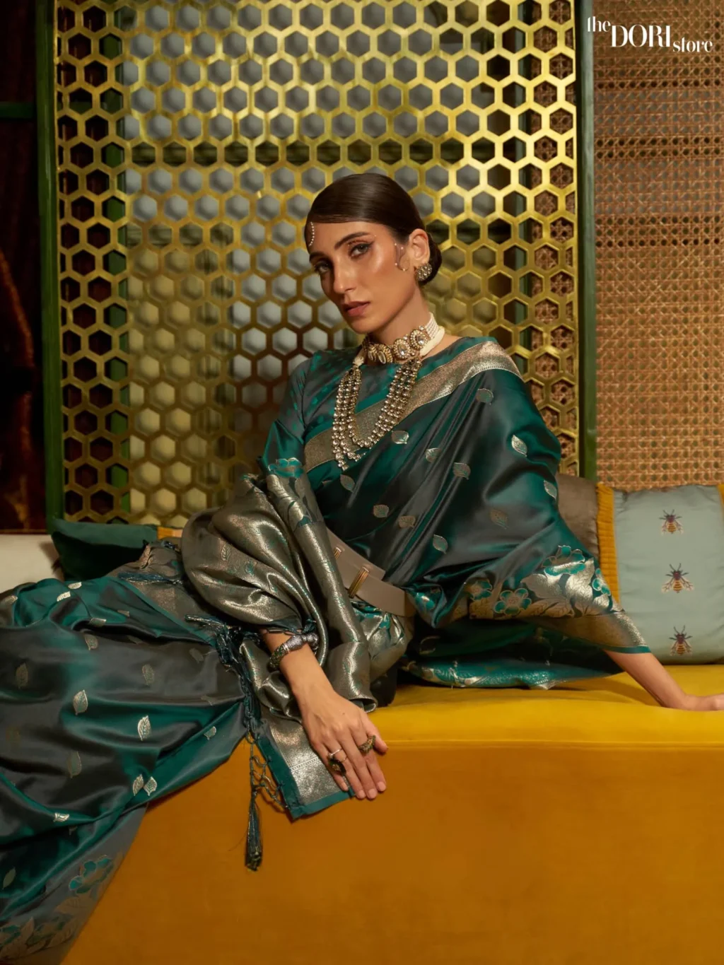Partywear Dark Green Banarasi Satin Silk Saree - Image 2