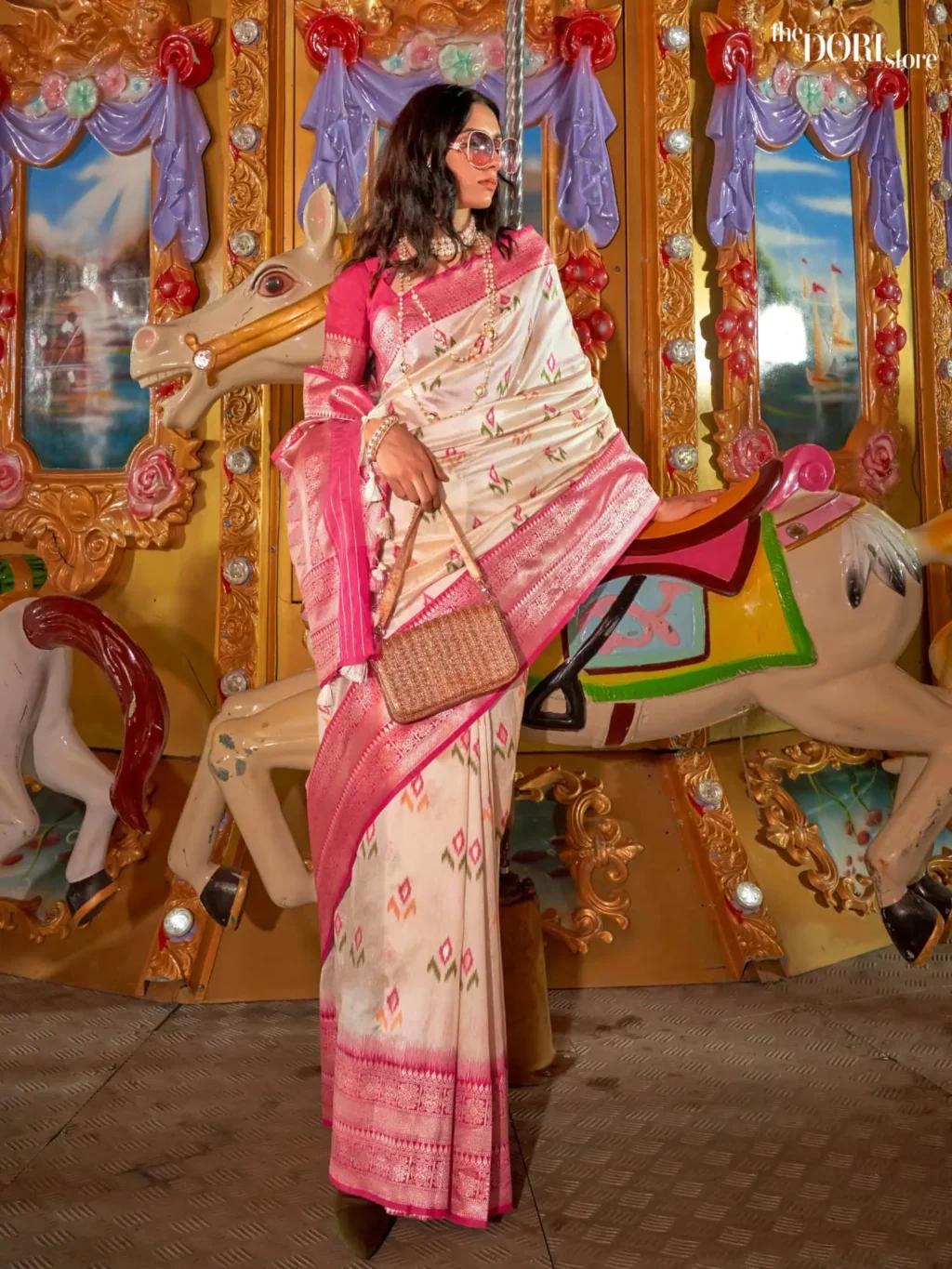 Pink and White Banarasi Woven Silk Saree - party wear saree