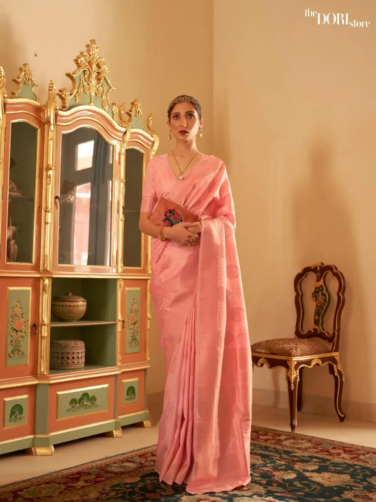Elegant Partywear Peach Pink Zari Kanjeevaram Silk Woven Saree - party wear saree