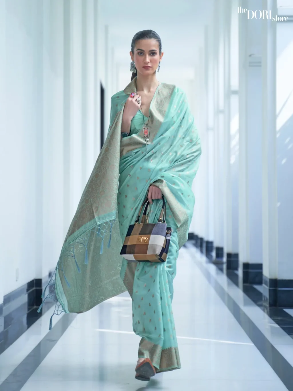 Light Blue Mukaish Weaving Handloom Silk Saree - Image 2