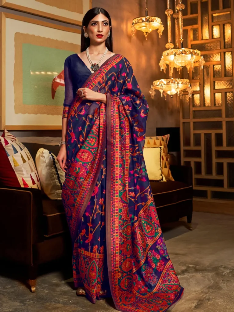 Navy Blue Designer Kashmiri Silk Saree - party wear saree