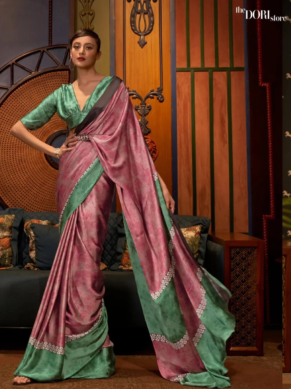 Greenish Pink Printed Japan Satin Crepe Saree - party wear saree