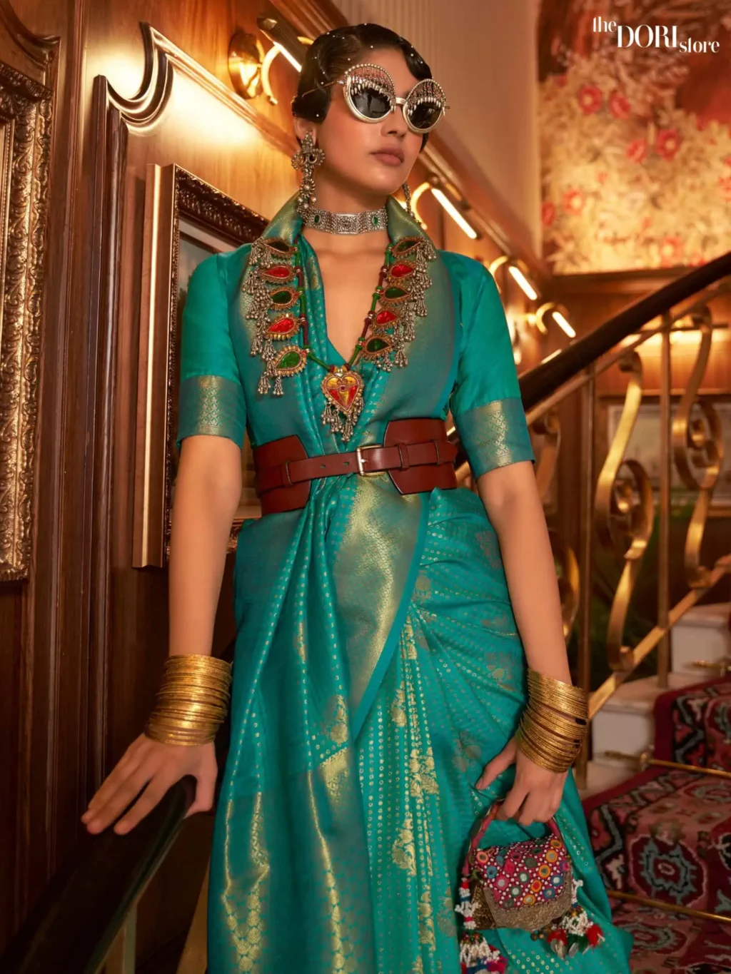 Teal Green Dual Tone Woven Kanjeevaram Silk Saree - Image 2